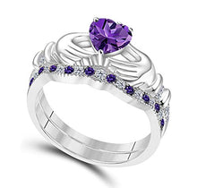 Load image into Gallery viewer, DS Jewels 14k Gold Plated Alloy Claddagh Bridal Set Ring 1.00 ctw Heart Cut CZ Amethyst &amp; Cubic Zirconia Curved Wedding Band &amp; Crown Engagement Ring Size 4 to 11
