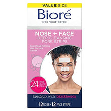 Load image into Gallery viewer, Bioré Nose+Face, Blackhead Remover Pore Strips, 12 Nose + 12 Face Strips for Chin or Forehead, with Instant Blackhead Removal and Pore Unclogging, Oil-free, Non-Comedogenic Use, 24 Count
