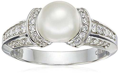 Platinum Plated Sterling Silver Cubic Zirconia Freshwater Cultured Pearl Ring, Size 6