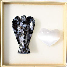 Load image into Gallery viewer, Zenergy Gems Selenite Charged Hand Carved Natural 2" Mystic Indigo Gabbro Crystal Guardian Pocket Angel + Selenite Pocket Puffy Heart Charger [Included]
