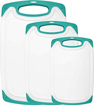 Load image into Gallery viewer, HOMWE Plastic Cutting Boards for Kitchen - 3 Piece Chopping Board Set w/ Easy Grip Handles, Aqua
