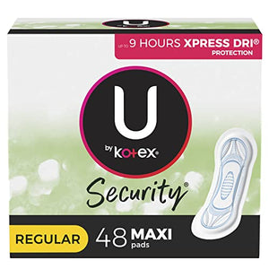 U by Kotex Security Maxi Feminine Pads, Regular Absorbency, Unscented, 48 Count (Pack of 4)