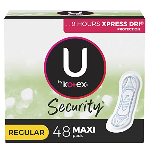 U by Kotex Security Maxi Feminine Pads, Regular Absorbency, Unscented, 48 Count (Pack of 4)