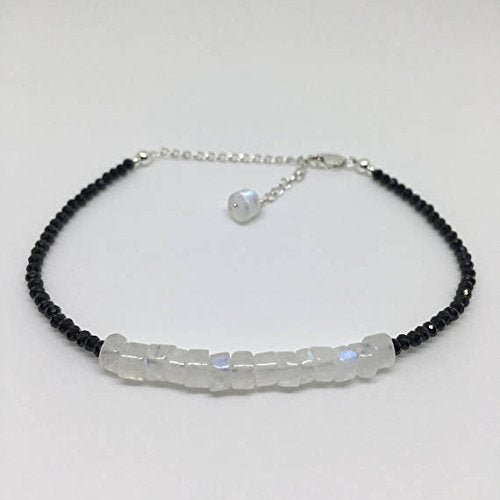 925 sterling Silver Unique Wedding Gift 4x2-5x3mm stacking Black & White Rainbow Moonstone and Black Spinel Bracelet Rondelle, Faceted & Smooth 7