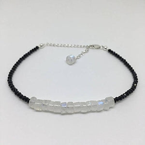 925 sterling Silver Unique Wedding Gift 4x2-5x3mm stacking Black & White Rainbow Moonstone and Black Spinel Bracelet Rondelle, Faceted & Smooth 7" for mens, womens, gf, bf & Adult.