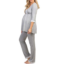 Load image into Gallery viewer, womens cotton maternity pregnancy soft nursing pajama sets sleepwear long sleeves for delivery breastfeeding in hospital Grey

