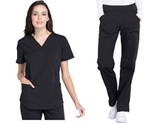 Load image into Gallery viewer, CHEROKEE Workwear Professionals Women&#39;s V-Neck Top WW665 &amp; Women&#39;s Pull-On Cargo Pant WW170 Medical Uniforms Scrub Set (Black - Medium - Medium Petite)
