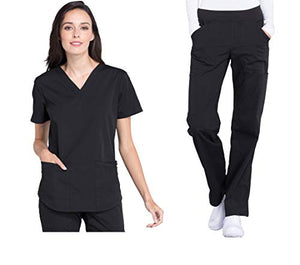 CHEROKEE Workwear Professionals Women's V-Neck Top WW665 & Women's Pull-On Cargo Pant WW170 Medical Uniforms Scrub Set (Black - Medium - Medium Petite)