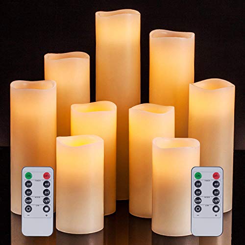 Pandaing Flameless Candles Battery Operated LED Pillar Real Wax Electric Unscented Candles with Remote Control Cycling 24 Hours Timer, Ivory Color, Set of 9