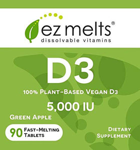 EZ Melts D3 as Cholecalciferol, 5,000 IU, Sublingual Vitamins, Vegetarian, Zero Sugar, Natural Apple Flavor, 90 Fast Dissolve Tablets