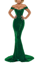 Load image into Gallery viewer, YSMei Women's Long Sequins Evening Celebrity Dress Mermaid Off Shoulder Prom Wedding Gowns Green 8
