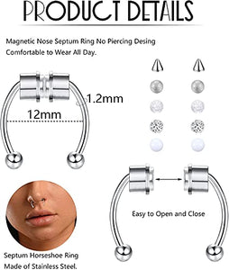 Milacolato 16G Fake Nose Ring Hoop Septum Magnetic Horseshoe Nose Ring for Women Men Stainless Steel Non-Pierced Clip on Nose Hoop Rings Reusable Nose Cuff with Replace,
