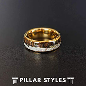 14K Gold Ring Mens Antler Wedding Band with Koa Wood and Arrow Inlay 8mm Tungsten Deer Antler Rings for Men Rustic Wooden Boho Anniversary Gifts