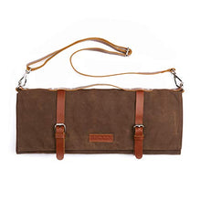 Load image into Gallery viewer, Chef Knife Roll Bag - Handmade Waxed Canvas and Leather Knife Bag Stores 10 Knives + Zipper Pocket and Shoulder Strap (Dark Brown)
