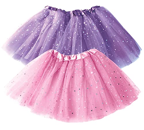 Dress Up Tutu Toddler Girls - Pink Tutu Girl & Purple Polka Dot Tutus Set– Glitter 2 Tulle Skirt – Easter, Birthday Gift, Dressup Trunk, Princess Party, Ballet Dance