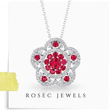 Load image into Gallery viewer, Vintage 1.04 CT Ruby SGL Certified Diamond Flower Halo Pendant, Round Red July Birthstone Wedding Bridal Necklace, Birthday Anniversary Floral Pendant 18K White Gold With Chain
