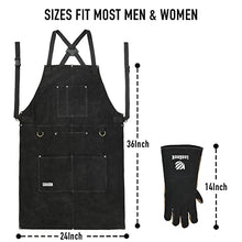 Load image into Gallery viewer, Leather Work Apron with Gloves - 6 Tool Pockets for Men&amp; Women - Welding Apron - Ideal for Woodworking, Blacksmithing, Gardeners, Mechanics, BBQ - Adjustable M to XXXL

