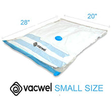 Load image into Gallery viewer, Vacwel Vacuum Storage Bags for Clothes. Space Saver Bags 28" x 20" for Small to Medium Size Garments with Advanced Airtight Ziplock Sealing. Free Handpump for Travel (8 Bags Pack)
