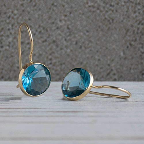 14K Gold Blue Earrings - 14K Solid Yellow Gold Round Shape Dangle Drop Earrings, 8mm Light Blue Circle Cubic Zirconia CZ Gemstone Jewelry - Simple Handmade Gift for Classy Women