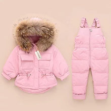Load image into Gallery viewer, Infant and Toddler Baby Boys/Girls Snowsuit Winter Baby Clothing Set Duck Down Hooded Jacket +Bib Pants 2 Pieces Set (2-3Years, Pink)
