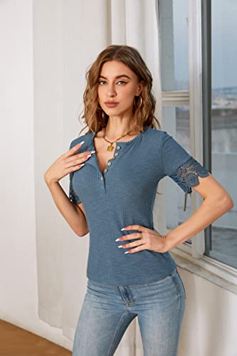 Load image into Gallery viewer, VICHYIE Womens Short Lace Sleeves Tunic Summer Tops V Neck Button Neck Casual Slim Fit Blouses Cute Shirts Black Medium