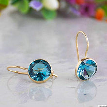 Load image into Gallery viewer, 14K Gold Blue Earrings - 14K Solid Yellow Gold Round Shape Dangle Drop Earrings, 8mm Light Blue Circle Cubic Zirconia CZ Gemstone Jewelry - Simple Handmade Gift for Classy Women
