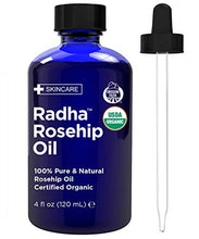 Load image into Gallery viewer, Radha Beauty Rosehip Oil USDA Certified Organic, 4 oz. - 100% Pure &amp; Cold Pressed. All Natural Anti-Aging Moisturizing Treatment for Face, Hair, Skin &amp; Nails, Acne Scars, Wrinkles, Dry Spots
