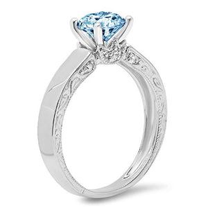 1.64ct Brilliant Round Cut Solitaire Aquamarine Blue Ideal VVS1 Simulated Diamond CZ Engagement Promise Statement Anniversary Bridal Wedding with accent Ring 14k White Gold Size 9