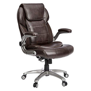 AmazonCommercial Ergonomic High-Back Bonded Leather Executive Chair with Flip-Up Arms and Lumbar Support, Brown