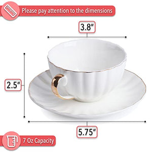 BTaT- Tea Cups and Saucers, Set of 6 (7 oz) with Gold Trim and Gift Box, Cappuccino Cups, Coffee Cups, White Tea Cup Set, British Coffee Cups, Porcelain Tea Set, Latte Cups, Espresso Mug, White Cup