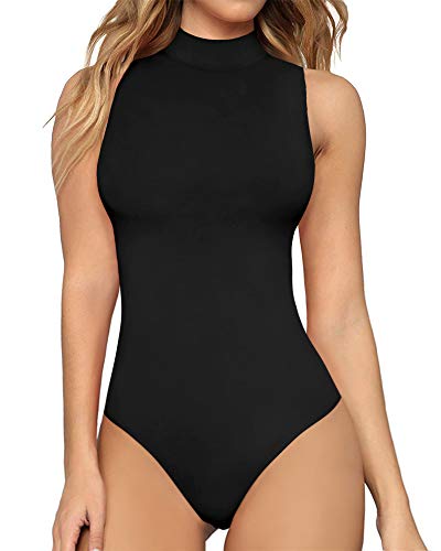 MANGOPOP Women's Mock Turtle Neck Sleeveless Tank Tops Bodysuit (A Sleeveless Black, Medium)