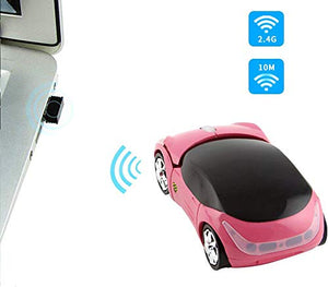Cool 3D Sport Car Shape Mouse 2.4GHz Wireless Mouse Optical Ergonomic Gaming Mice Mini Small Office Mouse with USB Receiver for PC Laptop Computer for Kids Girls,1600DPI 3 Buttons(Pink)