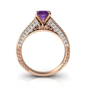 14kt Rose Gold Amethyst and Diamond 6mm Round Antiqu Style Ring - Size 9