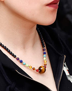 Jewever 7 Chakra Crystal Necklaces Healing Gem Stone Pendant Choker Necklace for Women Tiger Eye with Lava Rock Essential Oils Diffuser Energy Crystals Adjustable Strand