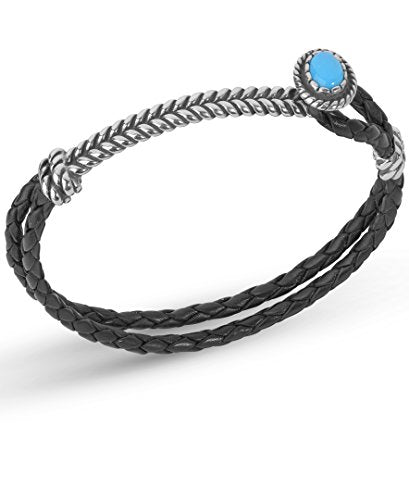 American West Sterling Silver Blue Turquoise Gemstone Black Leather Bracelet Size Small