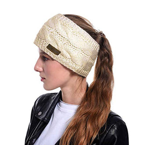 Women Winter Warm Headband Fuzzy Fleece Lined Thick Cable Knit Head Wrap Ear Warmer Black & Beige