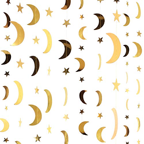 130 Feet Gold Glitter Star Moon Paper Garland Banner Hanging Decoration for Graduation Class of 2020 Congrats Grad Wedding Birthday Festival Party Decoration