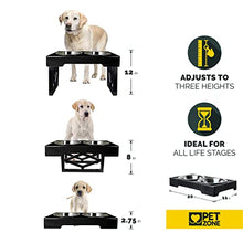 Load image into Gallery viewer, Pet Zone Designer Diner Adjustable Elevated Dog Bowls - Adjusts to 3 Heights, 2.75”, 8", &amp; 12'' (Raised Dog Dish with Double Stainless Steel Bowls) Black
