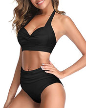Load image into Gallery viewer, Tempt Me Women's Vintage Swimsuits Olive Green Retro Halter Ruched High Waist Bikini with Bottom L
