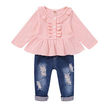 Load image into Gallery viewer, 2T Girls Clothes Kids Toddler Girl Outfits Linen Long Sleeve Ruffle Shirt Blue Ripped Denim Jeans Pants Set Cute Clothes for Girl 2 3Yr Old
