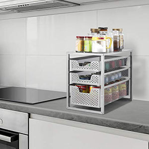 Simple Trending 3-Tier Under Sink Cabinet Organizer with Sliding Storage Drawer, Desktop Organizer for Kitchen Bathroom Office, Stackbale, Silver