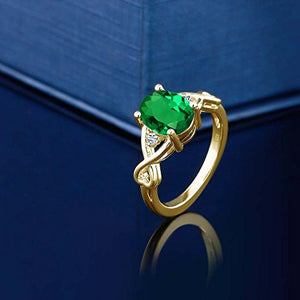 Gem Stone King Green Simulated Emerald and White Topaz 18K Yellow Gold Plated Silver Women Ring (1.55 Ct Oval) (Size 8)