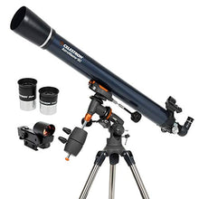 Load image into Gallery viewer, Celestron - AstroMaster 90EQ Refractor Telescope - Refractor Telescope for Beginners - Fully-Coated Glass Optics - Adjustable-Height Tripod - BONUS Astronomy Software Package
