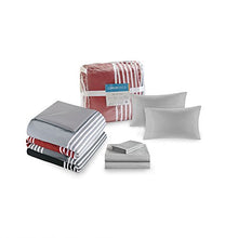 Load image into Gallery viewer, Comfort Spaces Colin 9 Piece Comforter Set All Season Microfiber Stripe Printed Bedding and Sheet with Two Side Pockets, Full, Red/Grey
