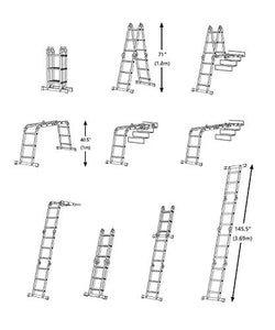 LUISLADDERS Folding Ladder Multi-Purpose Aluminium Extension 7 in 1 Step Heavy Duty Combination EN 131 Standard (12.5 Feet)