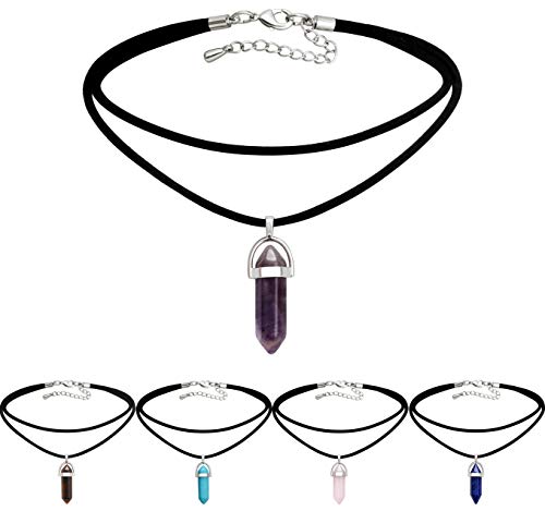 Aobei 5PCS Hexagonal Gemstone Pointed Reiki Chakra Pendant Necklace Gneuine Leather Choker for Women 14''