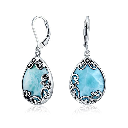 Bali Style Teardrop Scroll Filigree Scroll Light Blue Larimar Leverback Dangle Earrings For Women 925 Sterling Silver