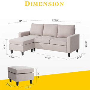 Shintenchi Convertible Sectional Sofa Couch, Modern Linen Fabric L-Shaped Couch 3-Seat Sofa Sectional with Reversible Chaise for Small Living Room, Apartment and Small Space,(Beige)