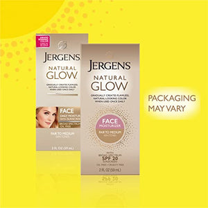 Jergens Natural Glow Self Tanner Face Moisturizer, SPF 20 Facial Sunscreen, Fair to Medium Skin Tone, Sunless Tanning, Oil Free, Broad Spectrum Protection UVA and UVB, 2 oz (Packaging May Vary)