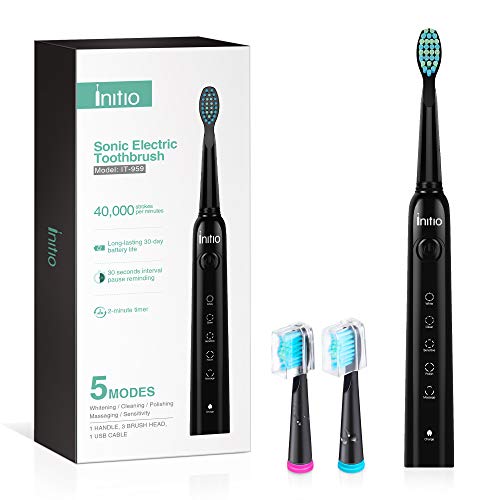 Initio Sonic Electric Toothbrush for Adults and Teens, 5 Modes wieh Smart Timer, 40,000 VPM Motor, Whitening Rechargeable Sonic Toothbrush, 3 Brush Heads Included (Black)